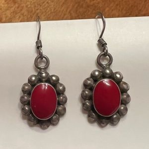 𝅺STERLING Mexico 925 earrings red stone fish hook 1inch